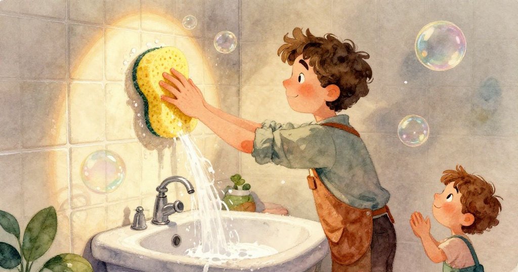 塑膠杯從狹窄木板上傾倒，刷子因水花滑動在濕潤地板上，事故瞬間充滿張力與細節。