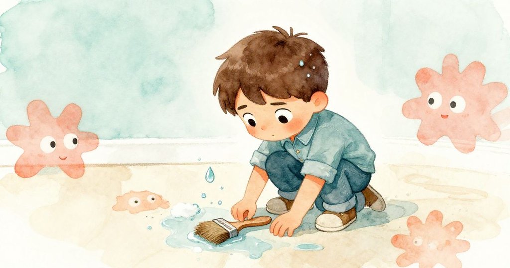 多利安蹲下身救起滑落的刷子，臉上顯示著沮喪與堅定，濕潤地板上飛濺著水花。