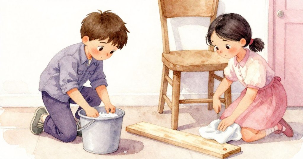 多利安搬穩沖洗桶並撥開木板，露娜則專心打拭椅腿，室內清潔空間逐漸恢復秩序。