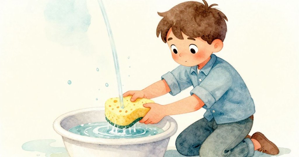 多利安注意到漂移的黃色海綿，蹲下仔細用拇指引導水流入洗手盆，動作細緻且充滿專注。