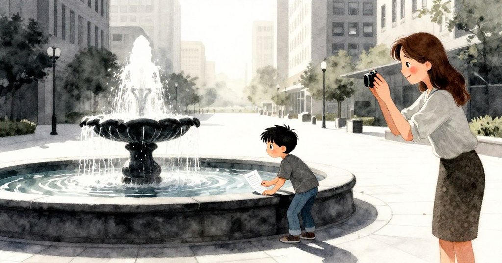 Ian在黎明噴泉邊仔細觀察水流，Faye在背景拍攝，城市廣場晨光柔和，充滿期待和寧靜。