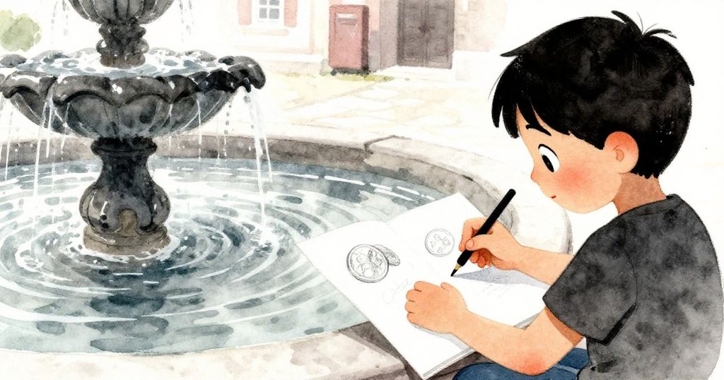 從Ian肩後視角看見筆記本上半完成的金幣草圖，背景隱含噴泉水漣漪動。