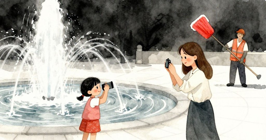 Faye捕捉噴泉水花動態，水流與光影形成流動軌跡，環境充滿都市韻律。