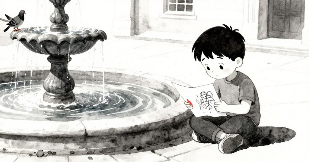 Ian滿意凝視完成的畫作，城市噴泉再次喧囂，周圍一片祥和寧靜。