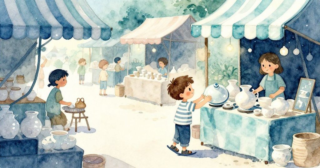巴希爾在清晨走向熱鬧的陶器攤位，旋轉的釉面蓋子反射光芒，充滿期待與好奇的情緒。