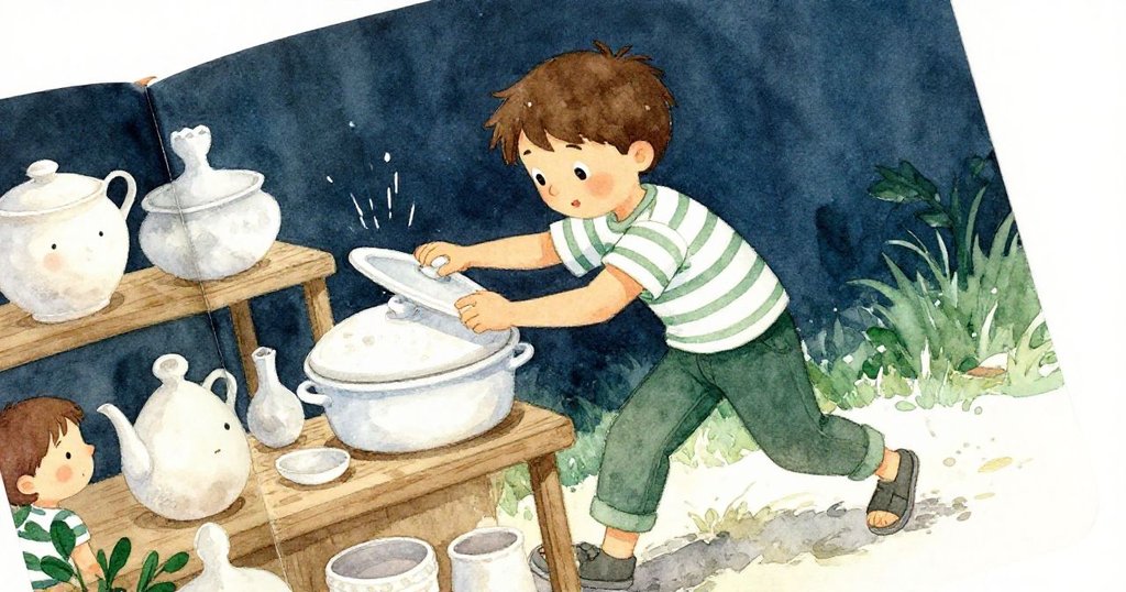 巴希爾在傾斜視角下嘗試扭開與鍋子黏合的釉面蓋子，手部滑動時反射出明亮光線，表情堅定。