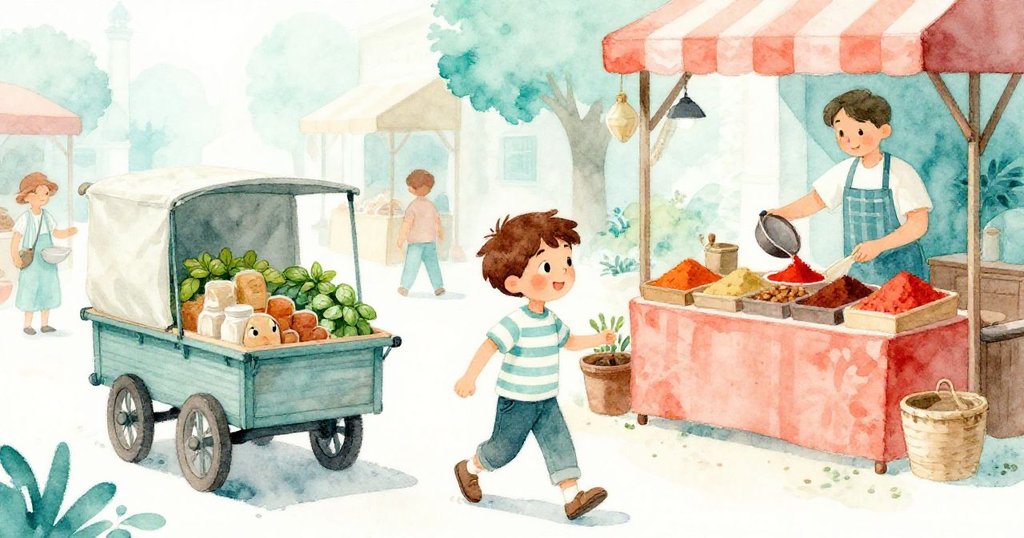 巴希爾隨著送貨車的轟鳴橫移，背景中攤販退避，工匠專注於香料攤上的紅色粉末，場景充滿動態與市場氣息。