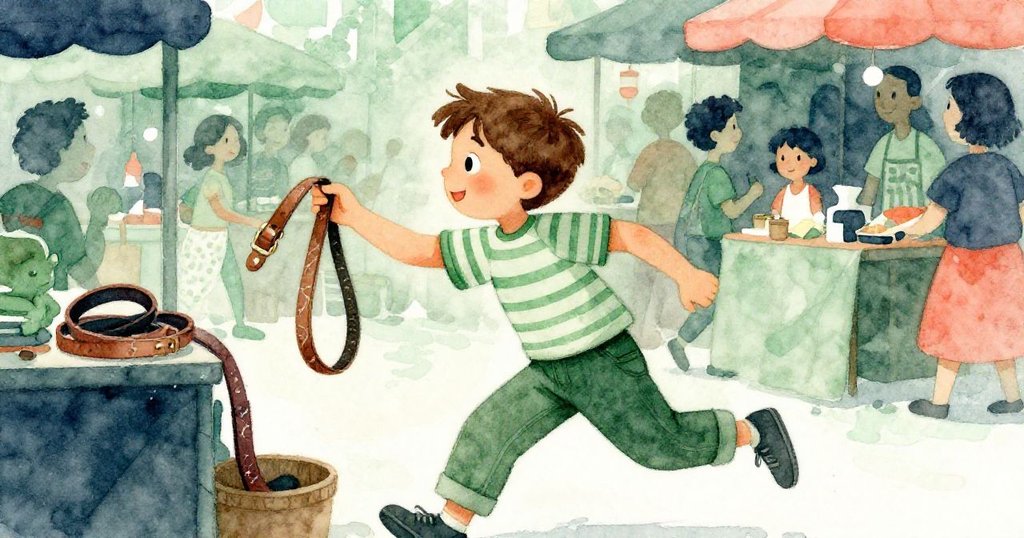 巴希爾在熱鬧市場中快速穿梭，忙中拾起破損皮帶，背景中攤販聲音疊加，氣氛顯得緊湊急切。