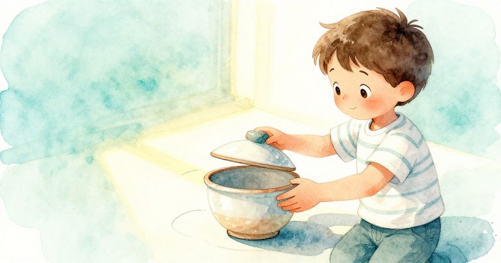 巴希爾在暖陽下細心地將蓋子安放於陶器上，形成細微陰影連接陶土，臉上流露出滿足與寧靜的情緒。