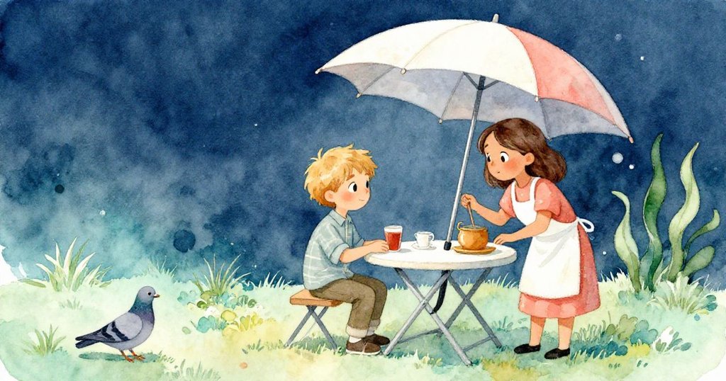 Alden和Mae在戶外桌後忙碌，雨傘投下銀光，冰碗中冰塊融動，鴿子於草邊徘徊，溫馨開場。