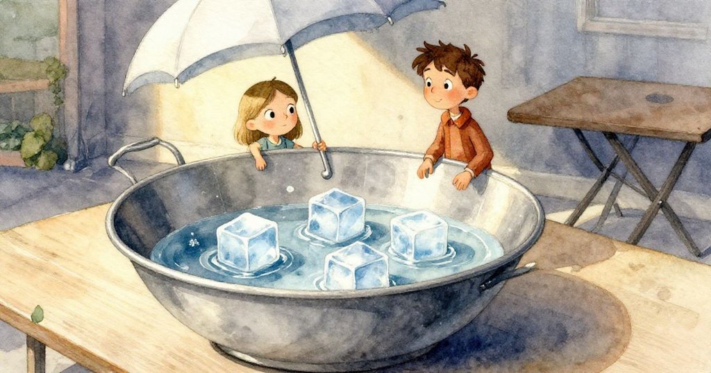 鋼灰色碗中三塊冰塊於融水中緩滑，光影細膩反映，畫面聚焦物品細節，情境清新。