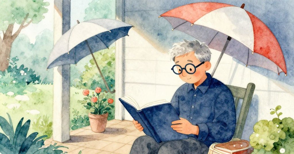 Warren坐在門廊閱讀，偶爾抬眼望天，背景有傾斜雨傘與庭院景色，情境寧靜溫馨。