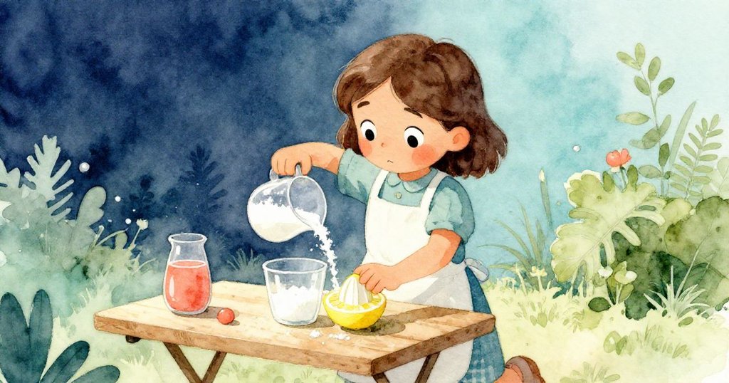 Mae在桌邊忙碌攪拌果汁，灑糖並操作榨汁機對抗阻塞，神情堅定展現挑戰精神。