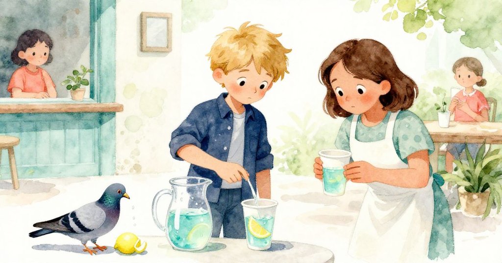 Alden填杯中檸檬水，Mae協助旁觀，鴿子啄檸檬皮，玻璃瓶冷凝水滴落，故事氛圍意猶未盡。