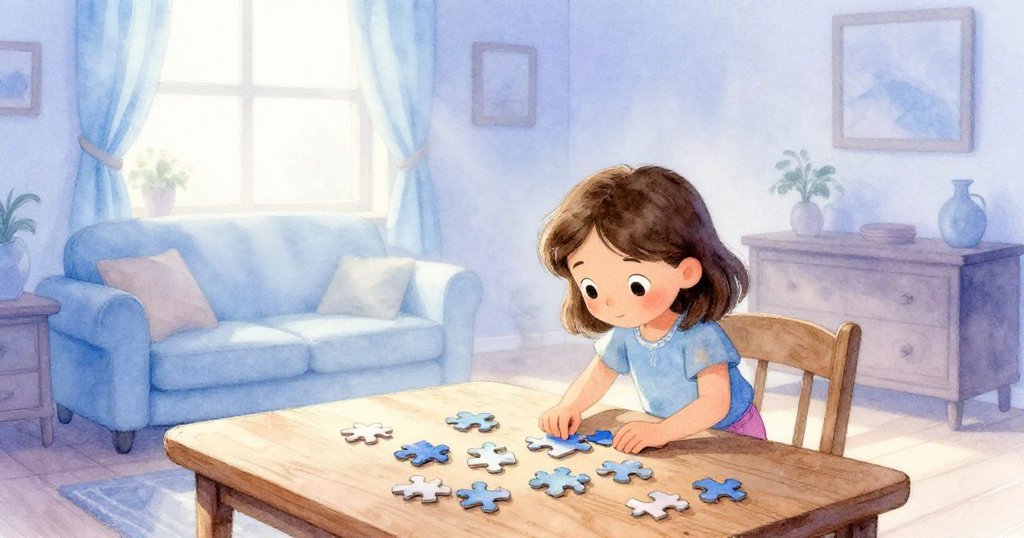 Sara在晨霧中坐在溫馨的房間裡，專注於桌上散落的拼圖，窗外透入柔光，氛圍寧靜充滿希望。