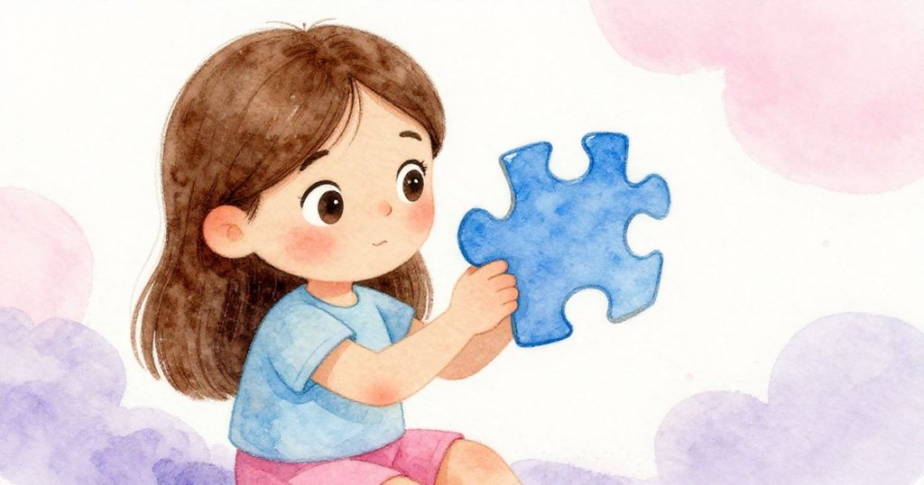 Sara專注地檢查亮藍色拼圖，柔和前光照亮她溫暖的手勢，背景布料展現出故事發展中細膩的情感。