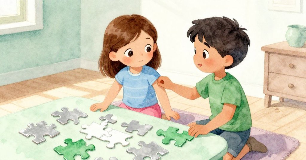 Sara與Reed在充滿層次感的桌面前互動，Reed的袖子輕觸Sara，拼圖零件重疊映出溫馨家庭情景。