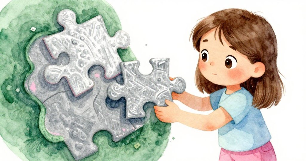 Sara在桌前決定如何擺放加厚拼圖，堅定神情與細膩手勢展現挑戰與希望，場景充滿溫暖光影。