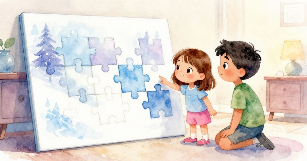 Sara與Reed在溫暖光線中欣賞完成的拼圖角落，滿足神情流露出和平與喜悅，整體氛圍平靜且充滿希望。