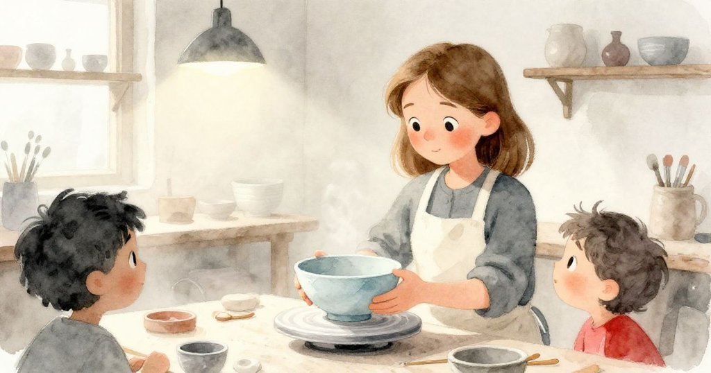 格里爾在晨霧籠罩的陶藝工作室內小心提起帶著細微刮痕的淺藍色陶碗，背景映照著暖光與柔和氣息。