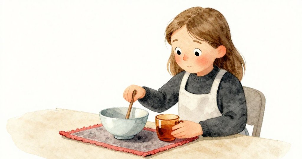 格里爾在桌上仔細對比淺藍陶碗與琥珀杯，輕敲陶器時呈現出溫暖光線與細膩對比，表情專注。