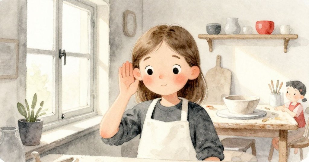 格里爾透過敞開的窗戶專注聆聽陶器碰撞聲，窗外柔和光線映入室內，營造出溫暖且細膩的畫面。