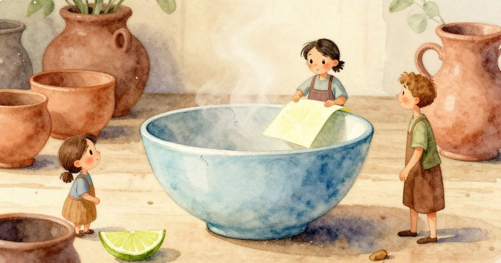 陶碗在毛氈墊上散發出礦物微霧，彷彿水下幻光，格里爾輕觸陶器，細膩光影營造出溫柔氣氛。