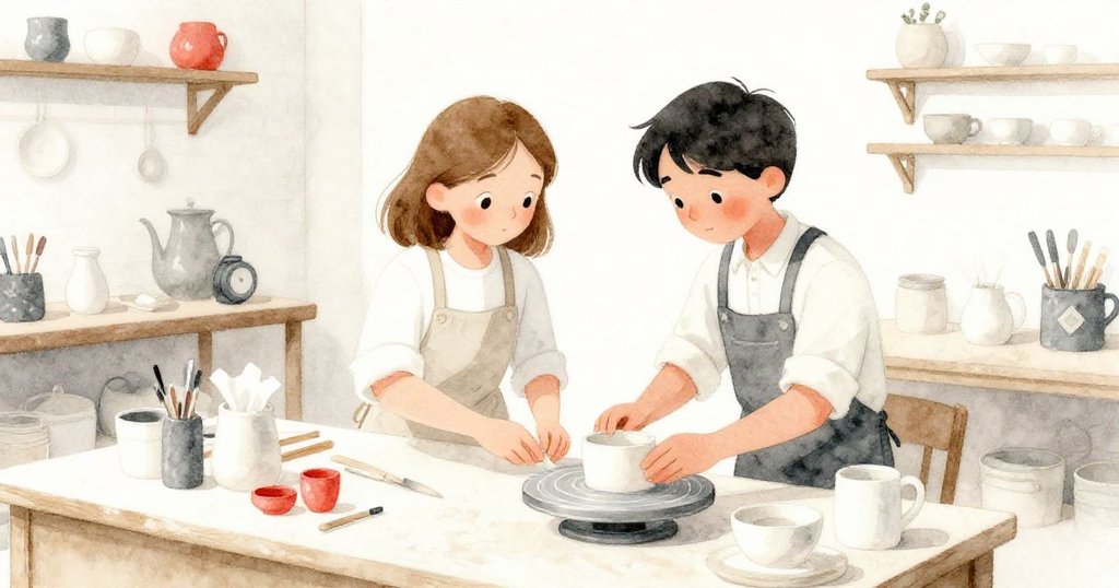 格里爾與羅南在溫馨工作室內攜手整理陶藝品，最終陶器完美排列，背景中看見盤點紀錄，共同締造和諧結局。