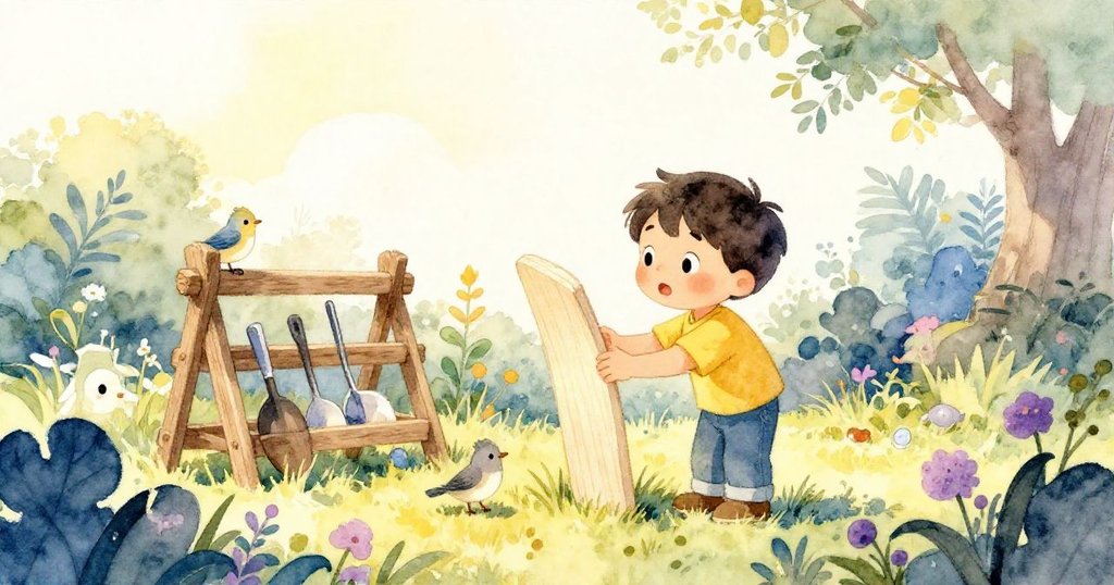 在陽光明媚的花園中，Cal好奇地伸手觸碰掛在工具架上的木條，背景有小鳥和植物，展開探索之旅。