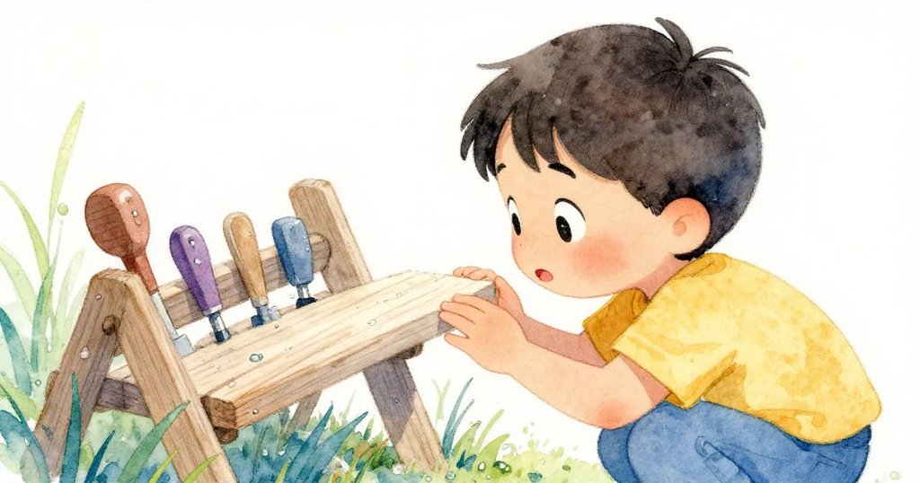 Cal伸出指尖輕觸木條並嗅聞其味，臉上流露出充滿好奇與探究的神情，草地清新自然。