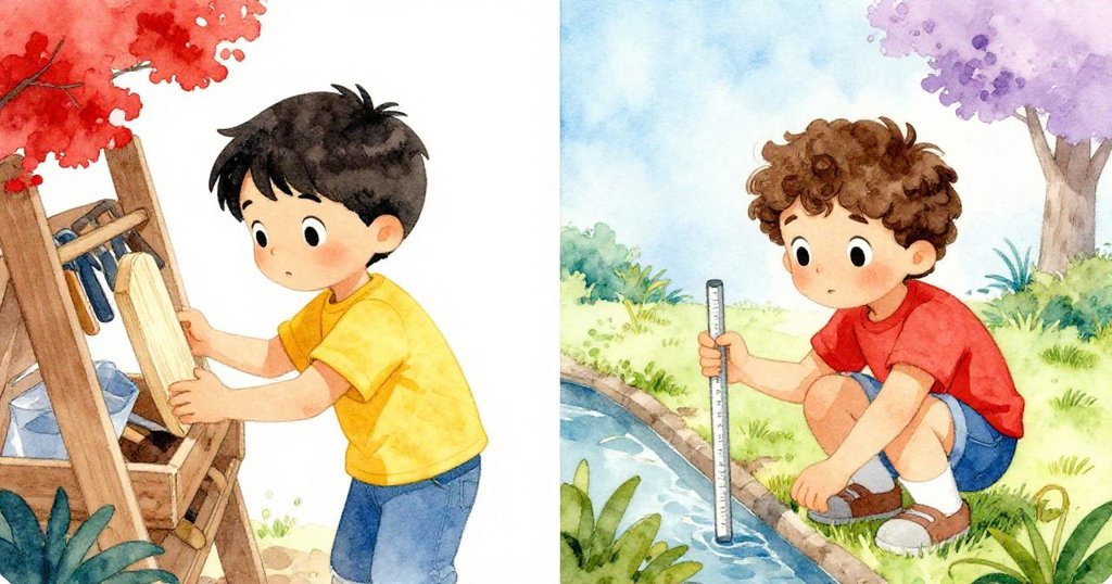 Cal與Ned分畫面展示，Cal仔細檢查工具架上的木件，Ned蹲在花園中用尺子測量，充滿探索與好奇。