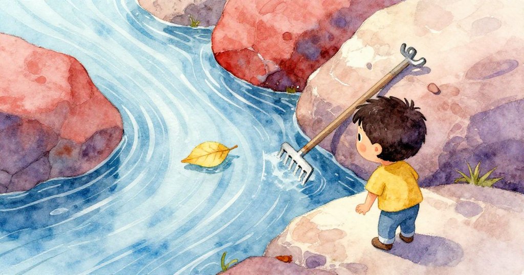 從高處俯瞰水道，見螺旋水流與飄動黃葉，Cal聚精會神地注視嵌於石間的工具頭，氛圍神秘。