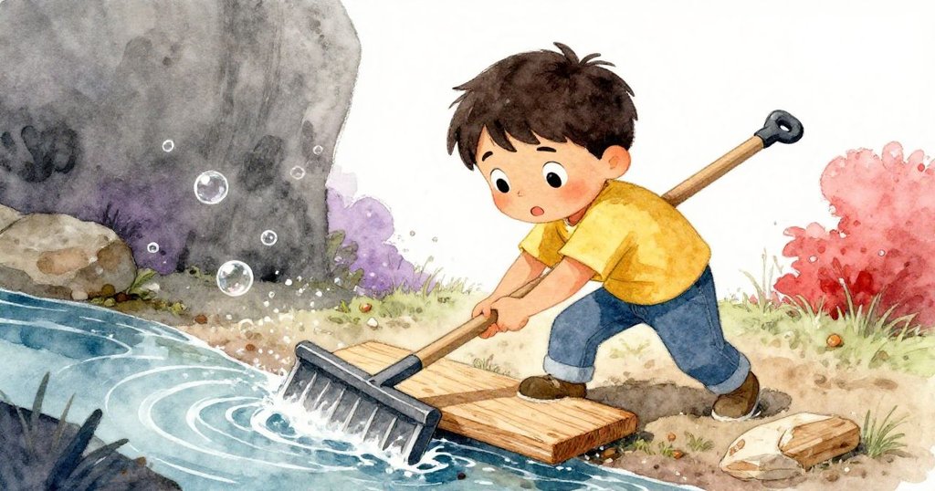 Cal專注地使用木板撬起卡住的把手，水花四濺，木板與石面摩擦，緊張氣氛顯而易見。