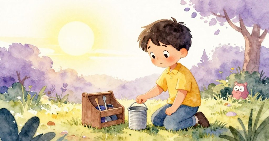 夕陽下，Cal安靜地蹲在工具架旁輕拍空罐，臉上滿是滿足與平靜，完成一天的探索任務。