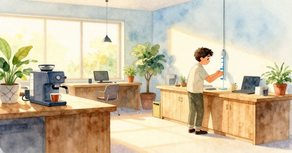 馬可站在溫暖辦公室休息室中，注視咖啡機及檢查水位，室內木製檯面與綠色植物陪襯，展現開端的忙碌氛圍