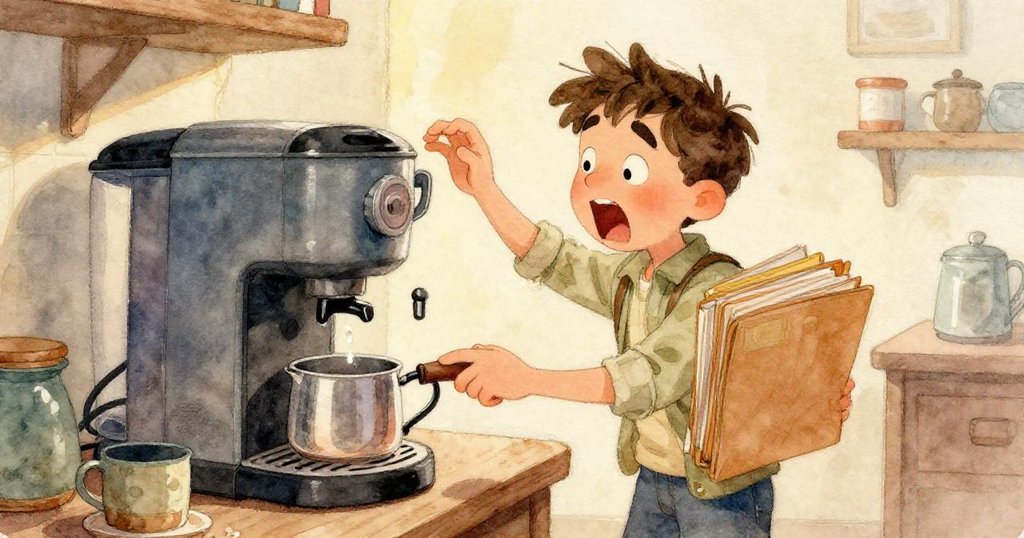 馬可的手專注地操作著紙杯，慢慢倒水進入咖啡機儲水器，細節呈現水珠閃爍與輕柔光影，展現發展初期的精心動作