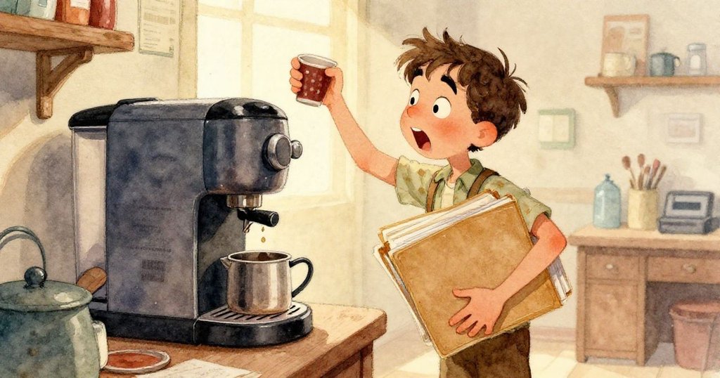 透過辦公室大窗，見焦點在咖啡機與馬可剪影，其內外光線交融，展現故事發展中的轉折與反思