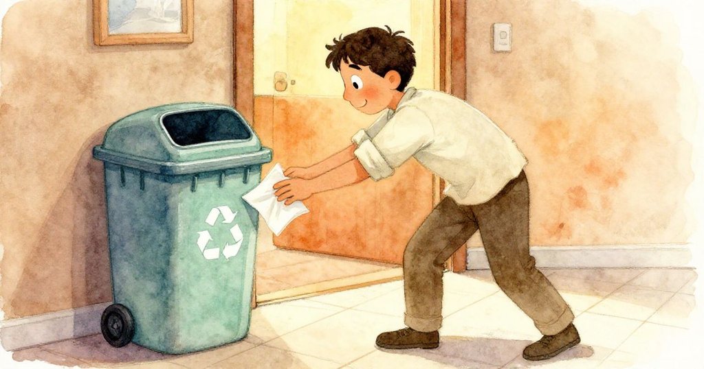 馬可彎身於辦公室門口，用摺好餐巾固定輕微移動的回收桶，地磚上反映出溫暖室內光影，展現轉場中的關鍵一刻