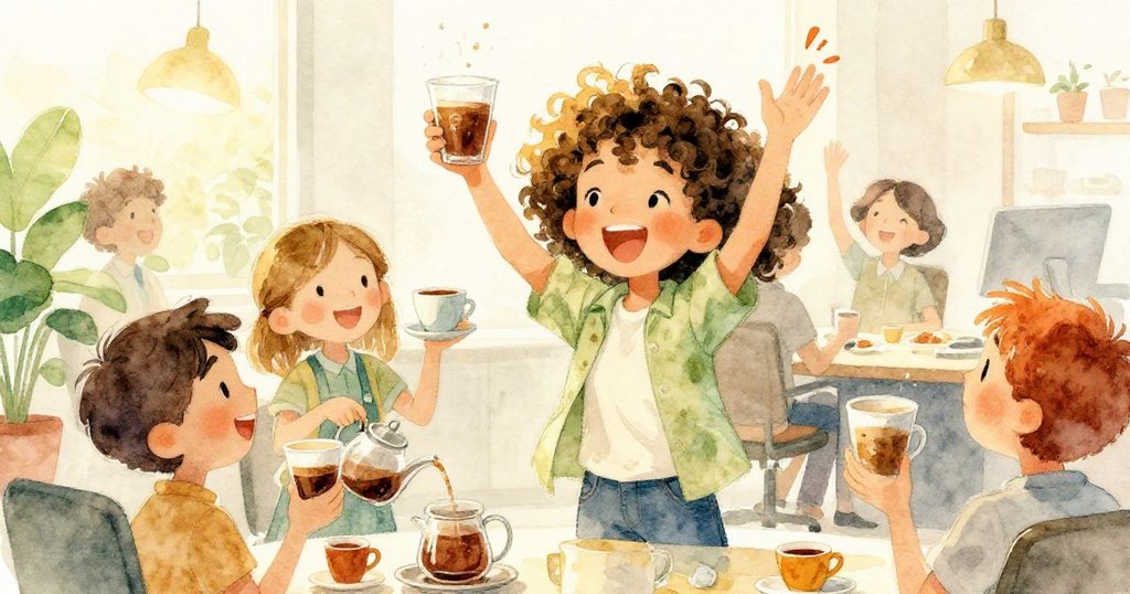 薩奇與同事在休息室角落裡開心慶祝，手中端著剛煮好的咖啡，洋溢著溫馨喜悅，展現高潮時刻的同樂情景