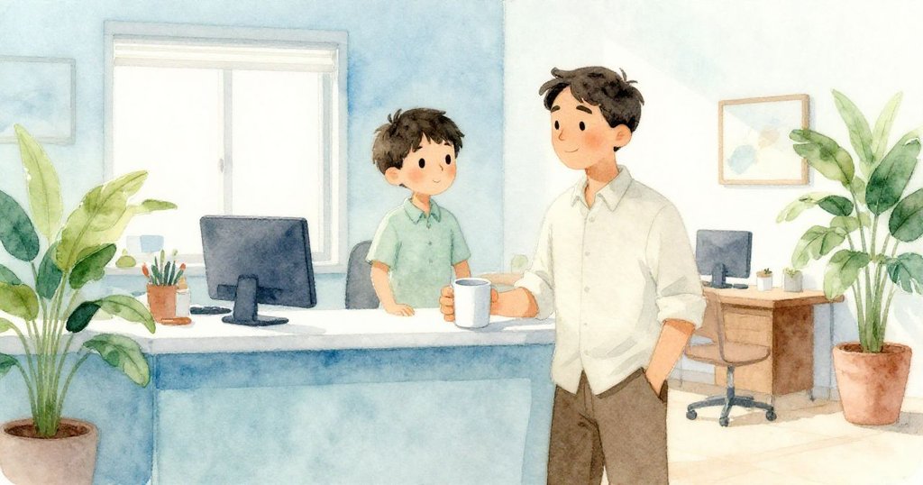 馬可在休息室中滿意地端著咖啡杯，室內植物輕輕搖曳，背景同事低語交流，呈現結尾平和舒緩的氛圍