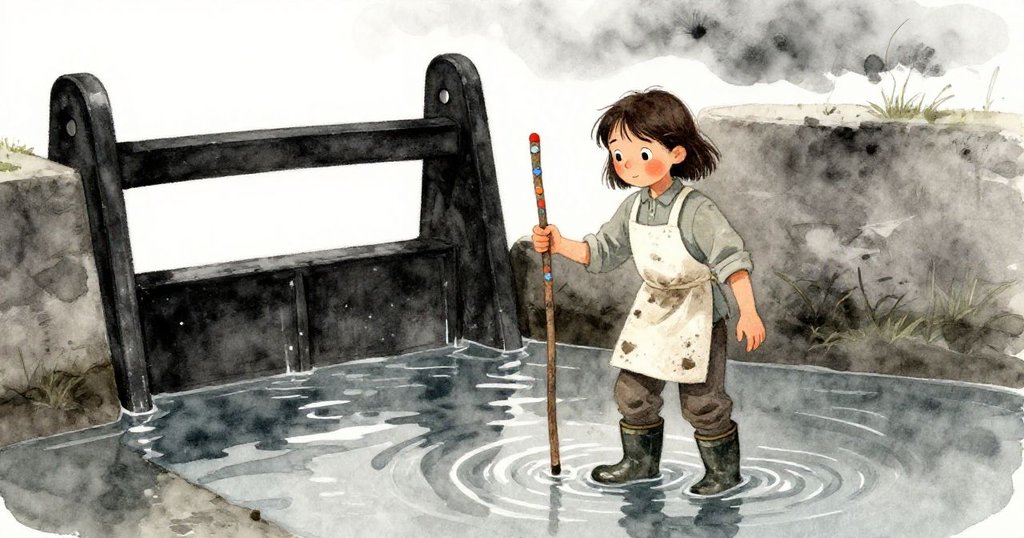 Gwen穿著防水鞋在水中專注操作標記棒，彩色鈕扣閃耀於灰水中，展現堅定與活力。