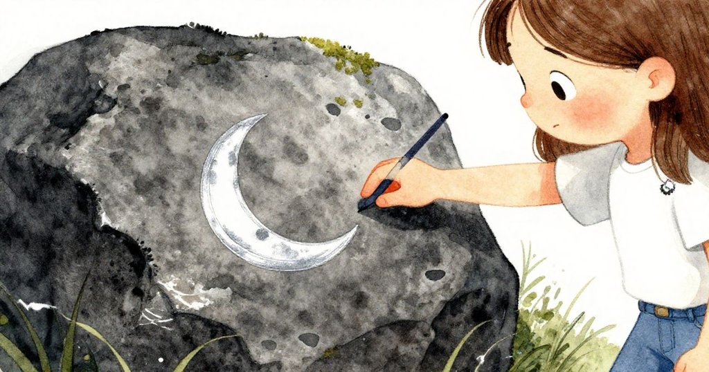 Petra手指輕觸石壩上銀光閃爍的細痕，神情疑惑充滿探索意念，細節豐富展現自然質感。