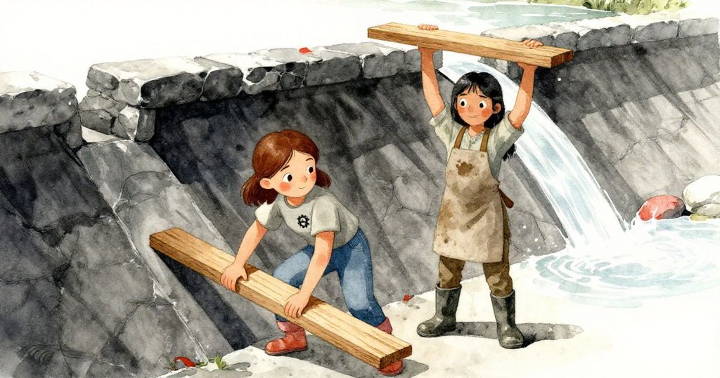 Petra與Gwen協力調整水流，操作木板與拼接棧板，神情專注且默契，展現自然戶外合作情景。