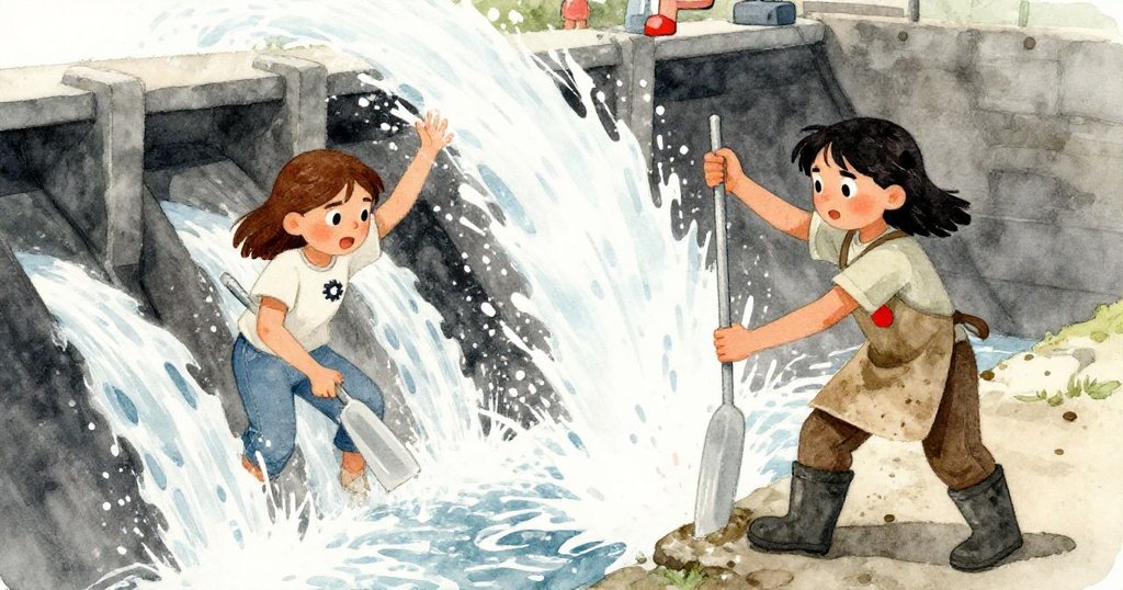 水花濺起環繞轉動槳葉，Petra與Gwen急速調整水流，神情堅毅展現活力與緊迫氣氛。