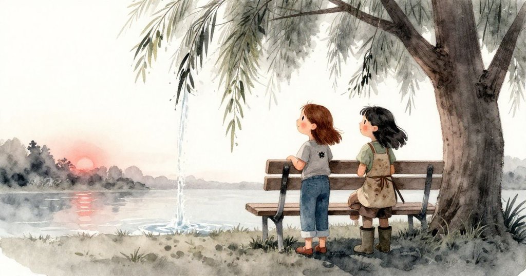 Petra與Gwen於柳樹下長椅旁凝望平穩水流，夕陽微光映襯，神情安詳充滿成就感與平靜。