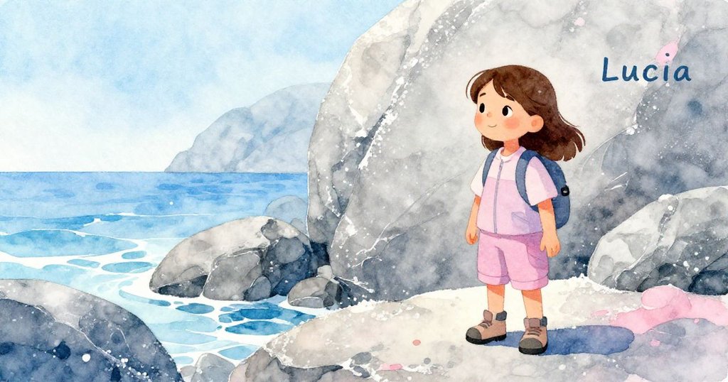 露西婭站在海邊大岩石前,身影在明亮背景下顯得好奇與堅定,海岸線與鹽塵環繞著她。