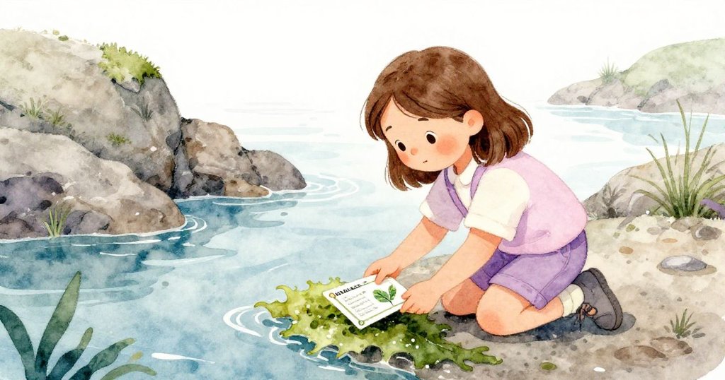 露西婭跪在潮汐池邊,輕觸濕潤的海藻並取回貼著鹽塵的卡片,背景呈現雪白石面與青綠海岸。