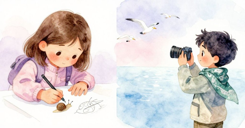 露西婭聚精會神地描繪一隻海螺上的蝸牛,另一邊羅南用相機捕捉遠處海鷗,雙活動展示海邊寧靜韻律。