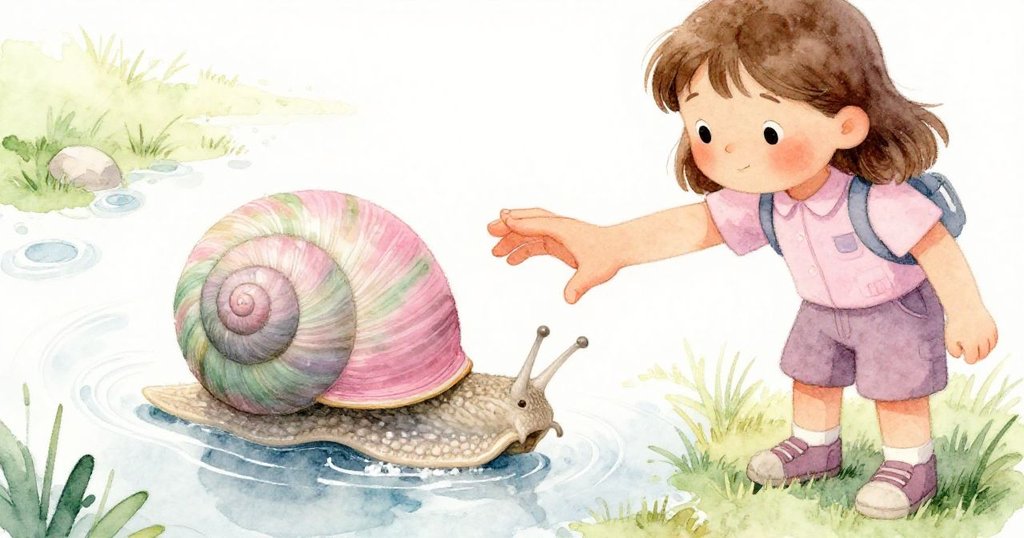 露西婭輕輕托起一隻有螺旋花紋的蝸牛,細密動態條紋在濕鹽石面上展現,表情流露溫柔與好奇。