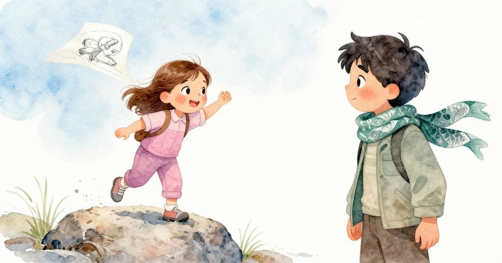 露西婭從岩石上站起,手中精緻速寫在微風中飛舞,與羅南在器材旁重逢,展現滿足與期待情感。